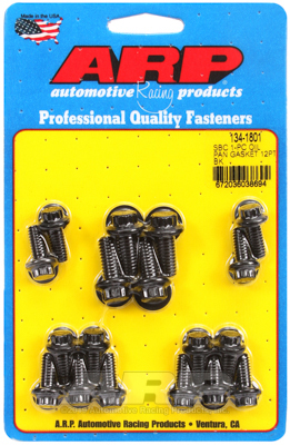 arp oil pan bolts, fits engines using 1-piece rubber oil pan gasket only, 12-point, steel, black oxide, for chevrolet, small block, kit