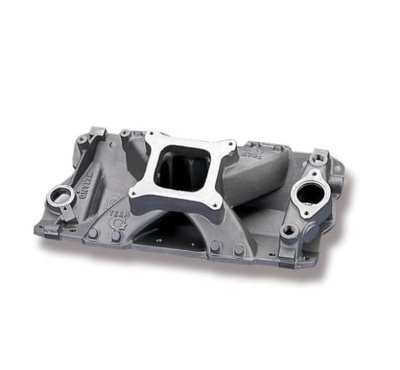 weiand intake manifold, carb, high rise, 4.38/5.31 in. height, 2800-7800 rpm, for chevrolet sb gen i, satin, each