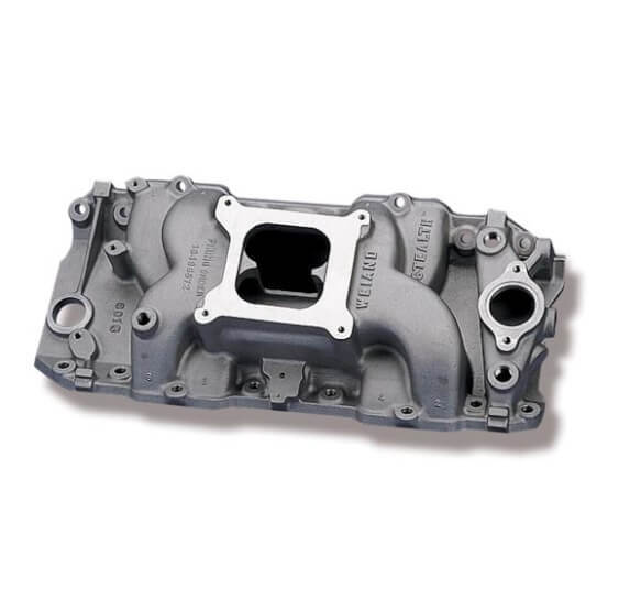 weiand intake manifold, carb, high rise, 4.75/5.75 in. height, idle-6500 rpm, bbc v8, satin, each