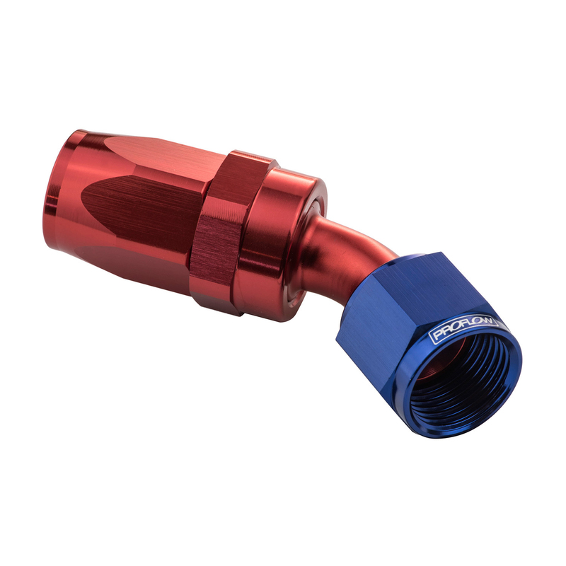 proflow 45 degree hose end -16an hose to female, blue/red