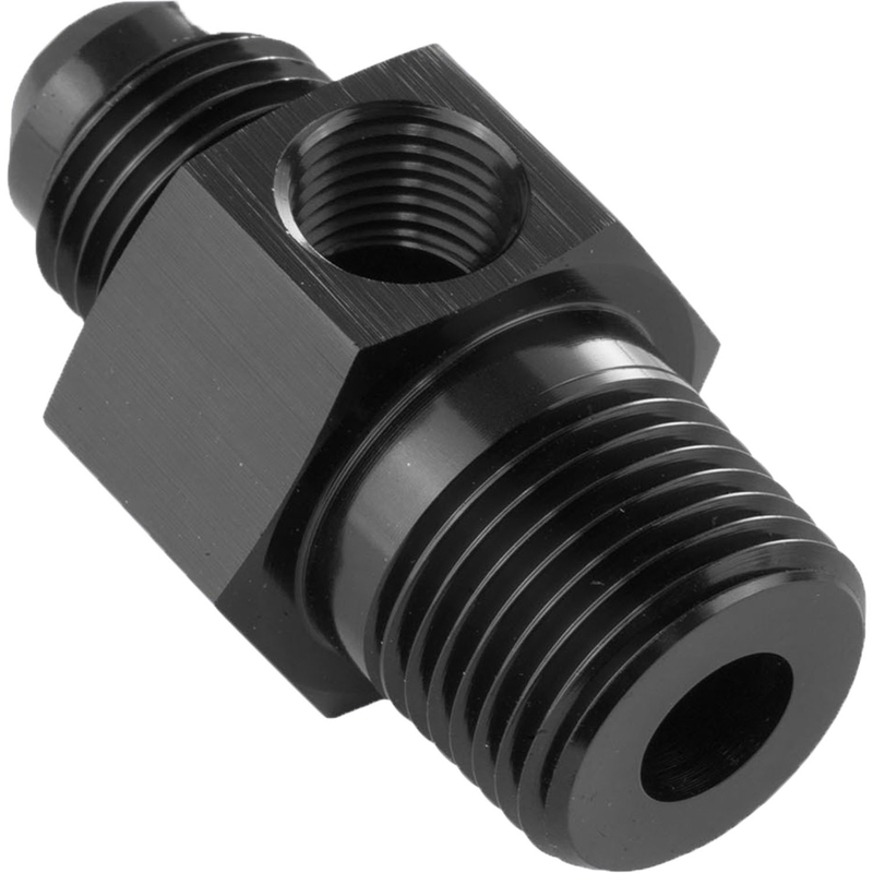 proflow male adaptor 1/4in. npt to -06an 1/8in. npt gauge port hose end, black