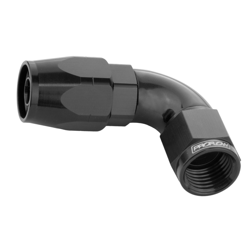 proflow fitting hose end 90 degree full flow -06an, black