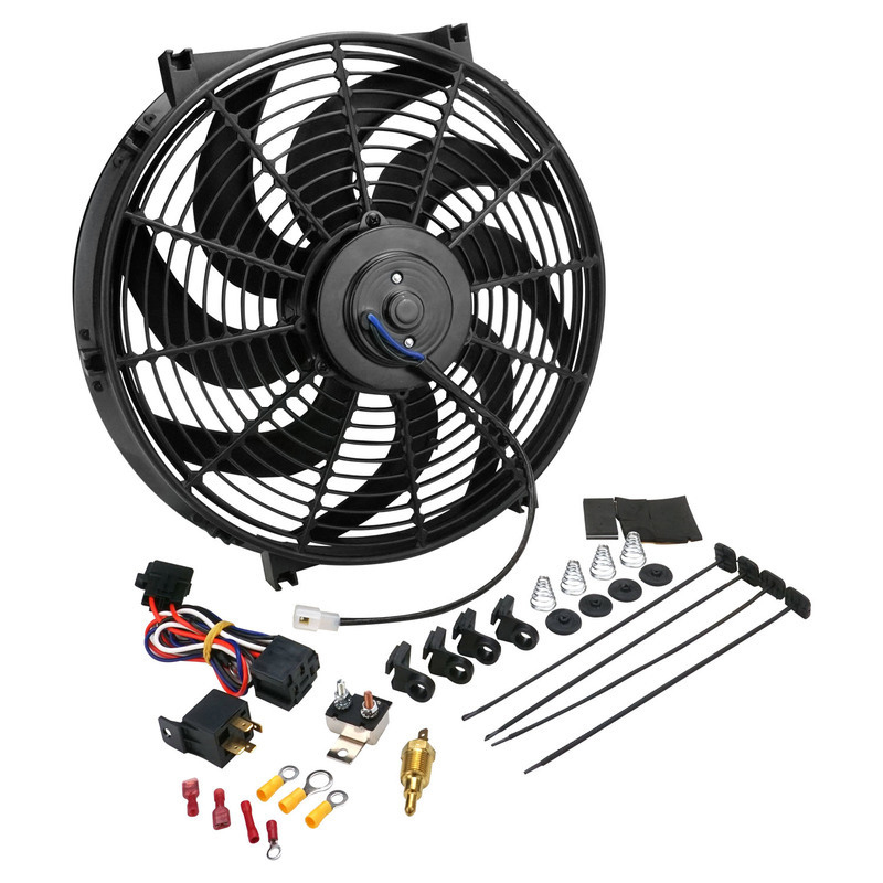 proflow electric cooling fan kit, curved black, 16 in, 2000 cfm ,reversible, with fan control, thermostatic, 185 on 170 off and mounting hardware, kit