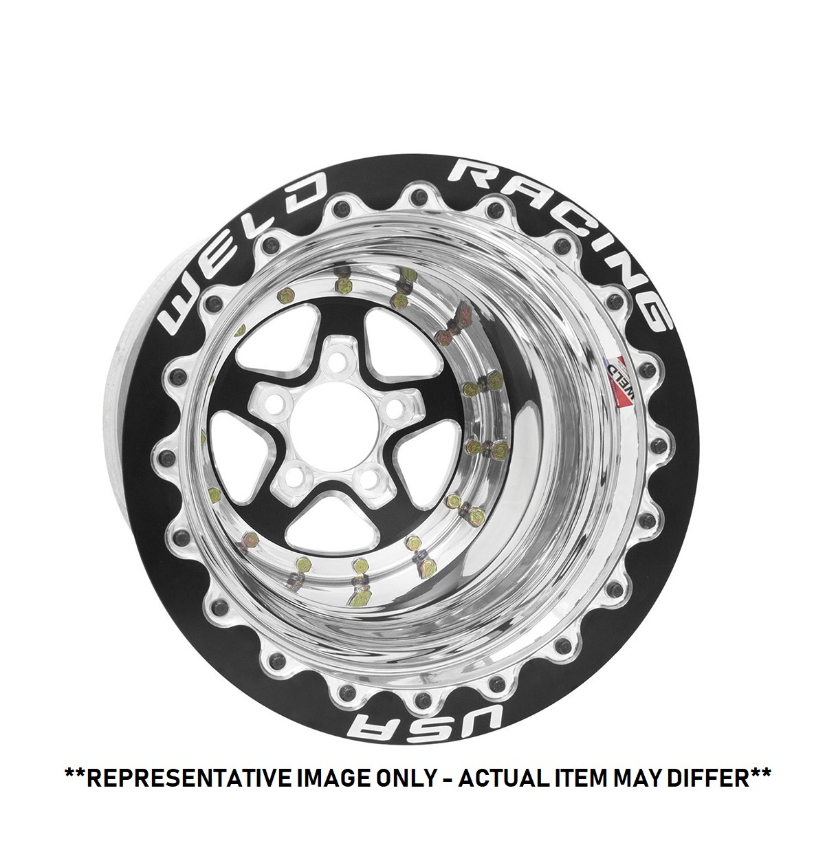 weld wheel, alumastar, 15x9 size, 5x4.75 bolt pattern, 4 backspace, black center, polished shell, black sbl mt, each