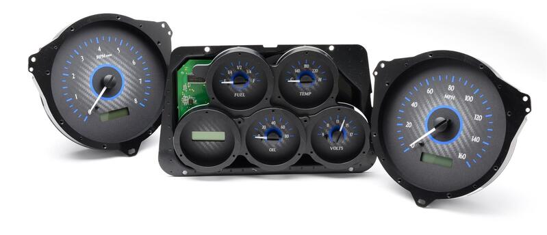 dakota digital gauge kit, 1968- 77 for chevrolet corvette, digital, carbon fiber background, alloy style face, blue display
