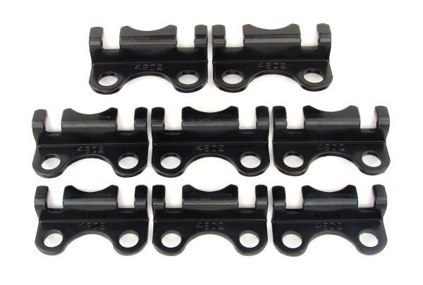 comp cams guideplate, black oxide, steel, raised, 1 piece, for chevrolet small block, 3/8 in. pushrod 7/16 in. stud, set of 8