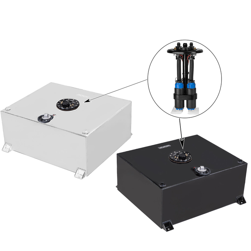 proflow fuel cell, efi baffled tank kit, 20g (78l), aluminium, black 620 x 510 x 260mm, in tank fuel pump module & 2x 340lph pumps